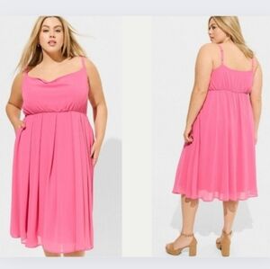 TORRID Size. 2X Drap Neck Pink Chiffon Midi Dress with Pockets